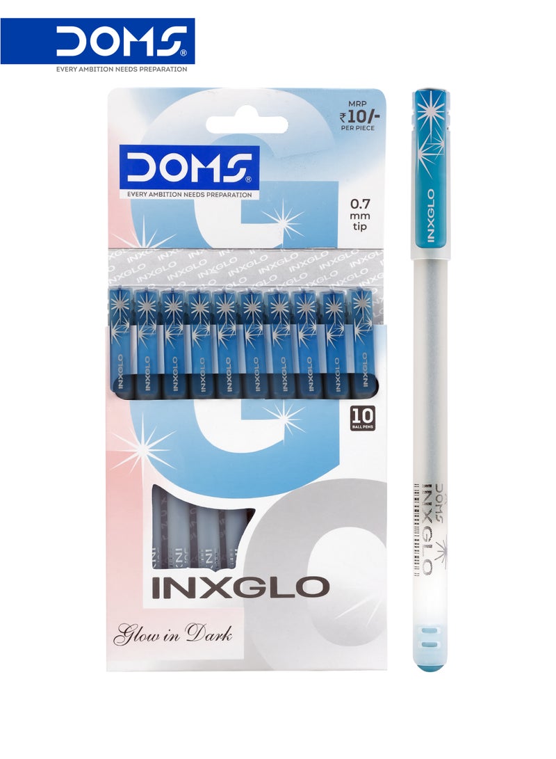 DOMS INXGLO Ball Point Pen 0.7 mm Blue Ink Smooth Writing Pack of 10 - Image 1